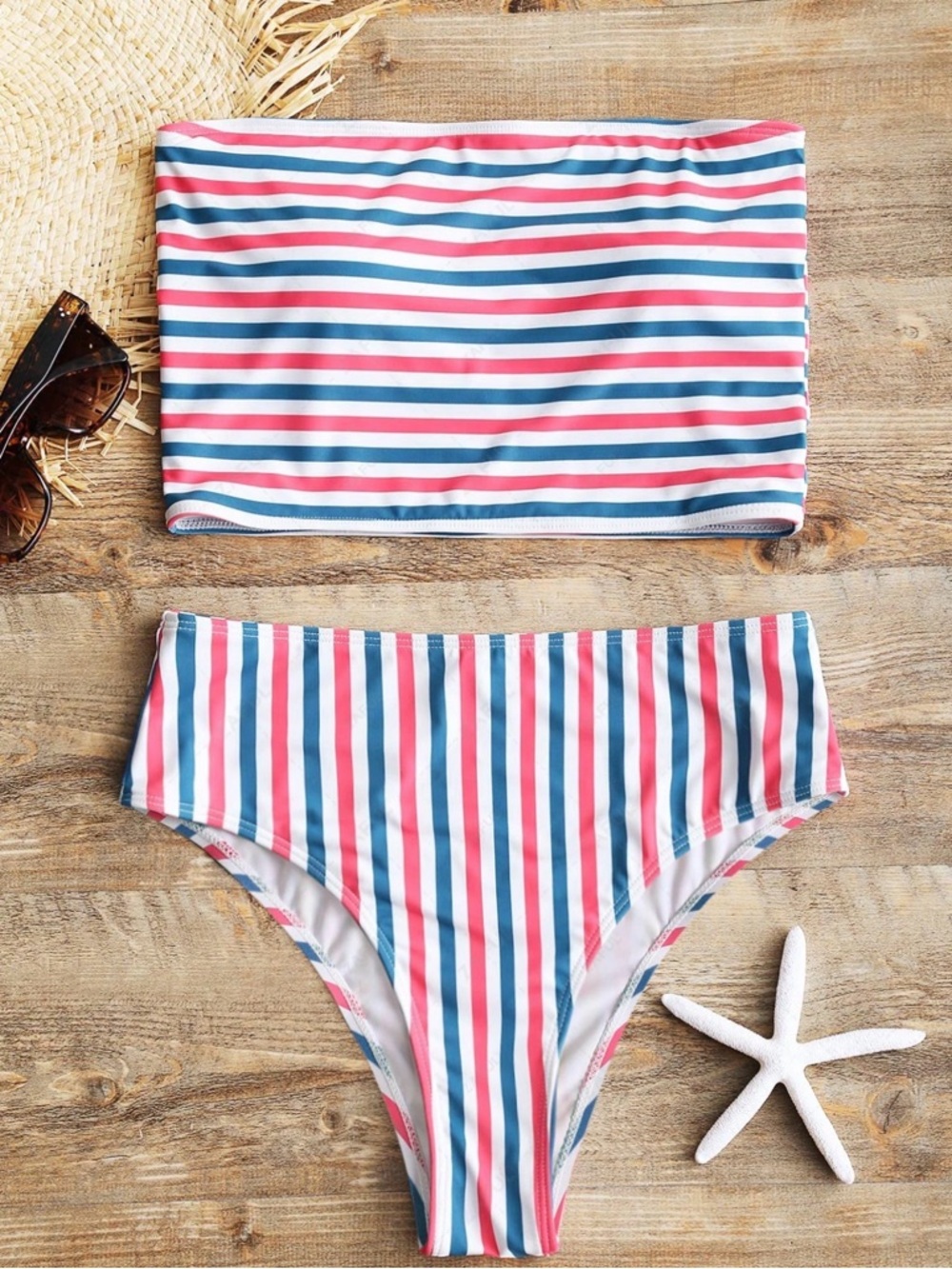Women’s Striped Two-Piece Cheeky Swim Set - Pink, Teal & White
